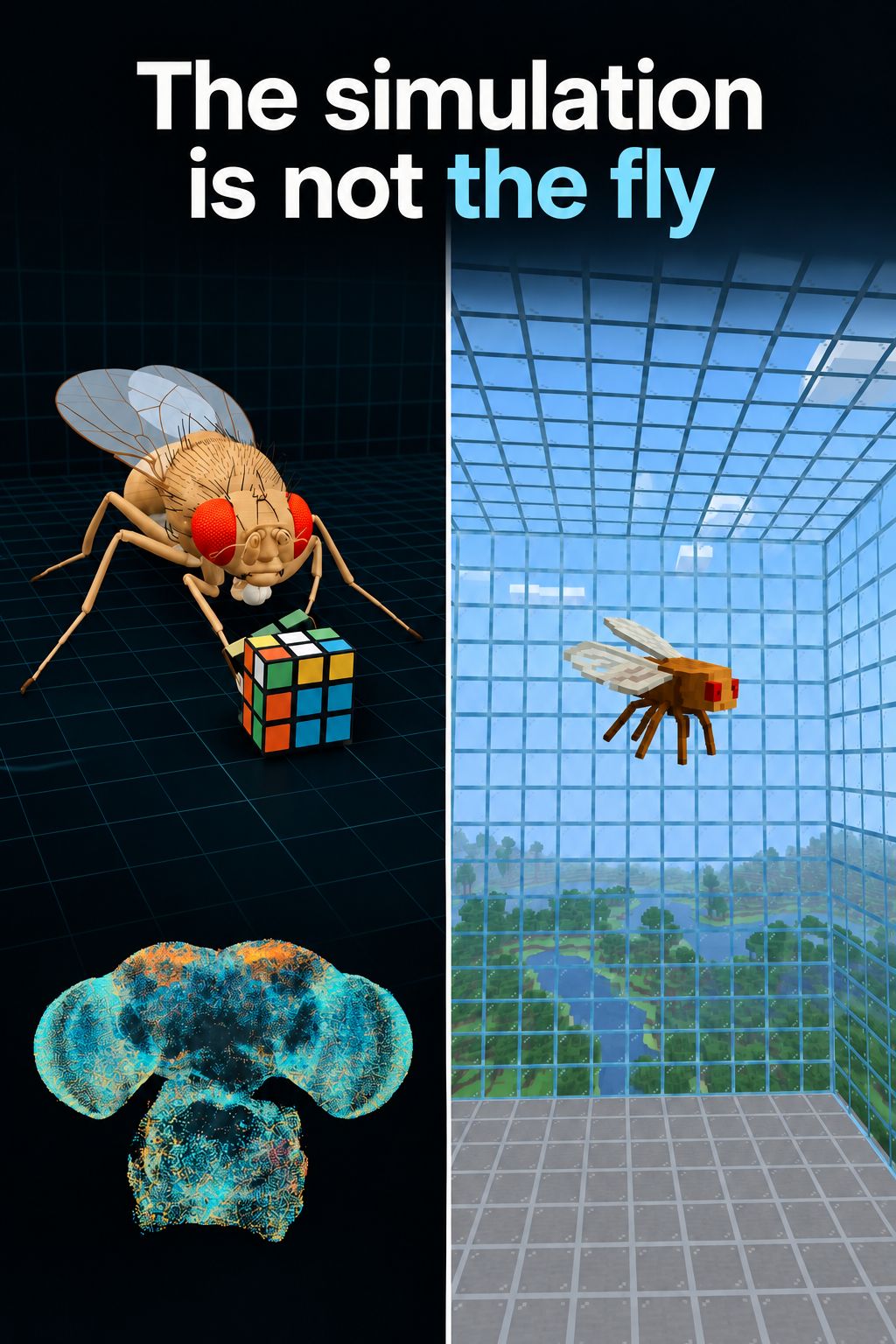 A simulated fly inside a Minecraft environment.